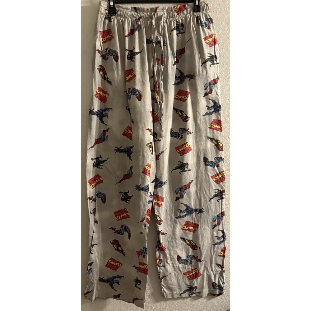 Mens MARVEL COMICS Pajama Pants Sleep Logo Size L Gray Drawstring